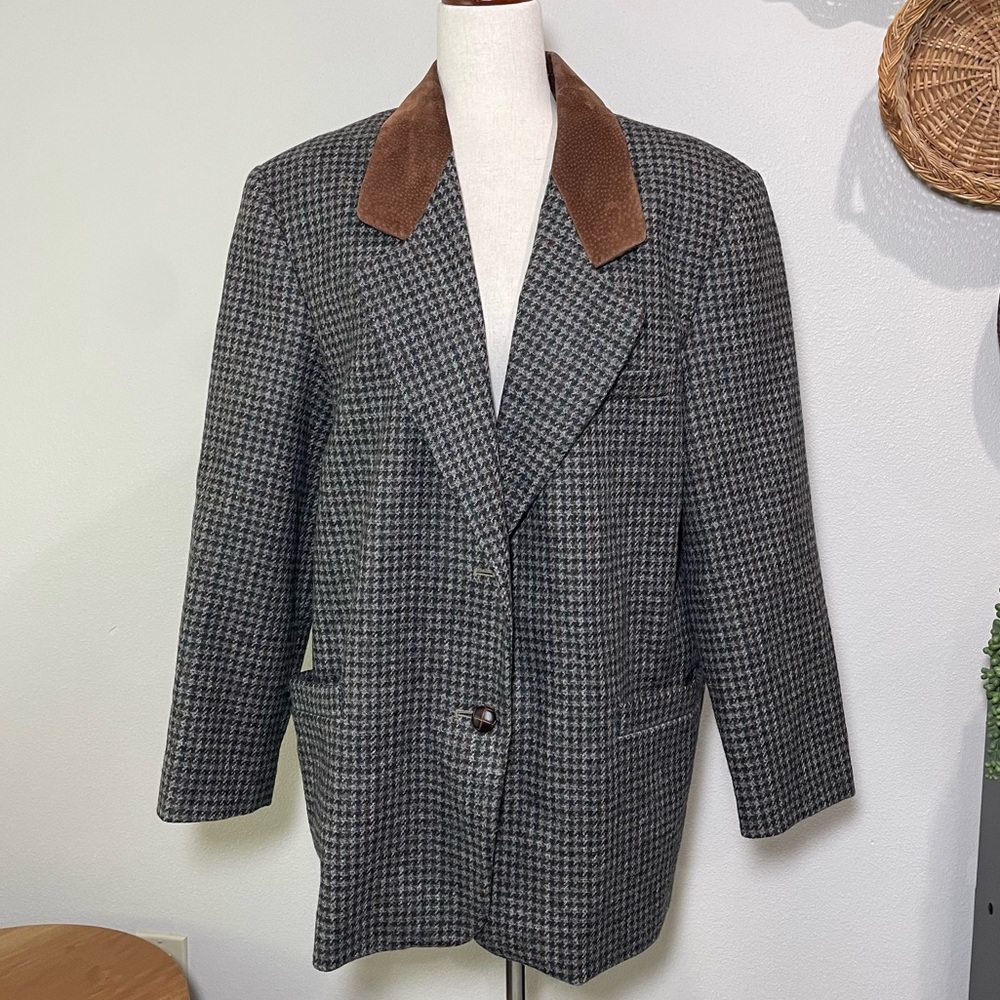 Women's Wool Houndstooth Blazer Jacket Suede Collar VTG Maurices Size Large - Picture 2 of 15